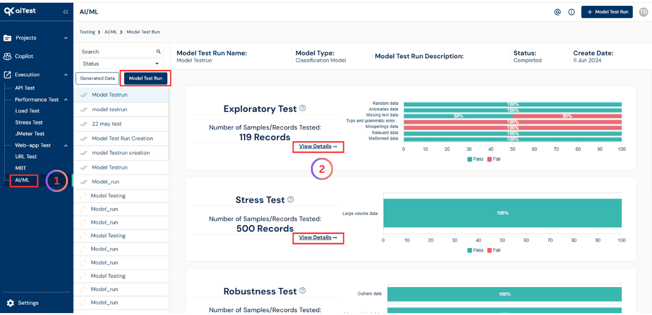 MODEL TEST RUN dashboard